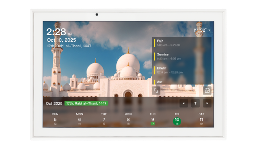 White SyncGo Islamic calendar showing worldwide Azan times